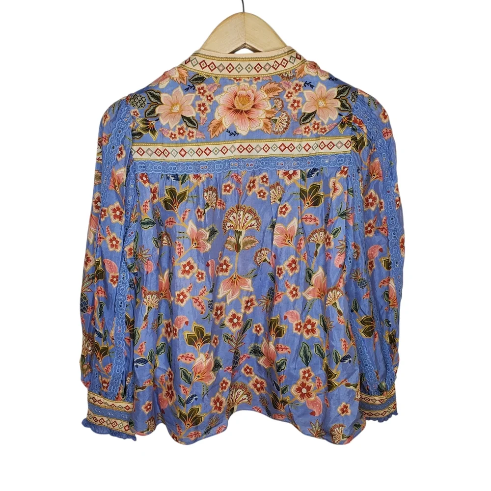 Farm Rio Superbloom Tapestry Top Boho Feminine Blue Small 253 - Picture 8 of 10